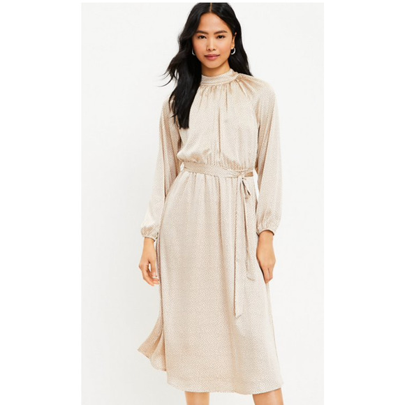 LOFT Dresses & Skirts - Loft Womens Dotted Mock Neck Midi Dress Long Sleeve Size 10 NWT Almondine